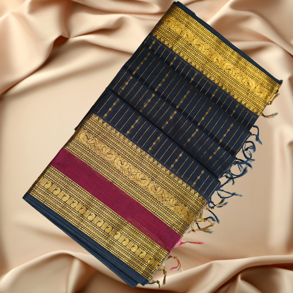 Chettinad Cotton Saree - Vaira Oosi Retta Petta Border Black with Gold