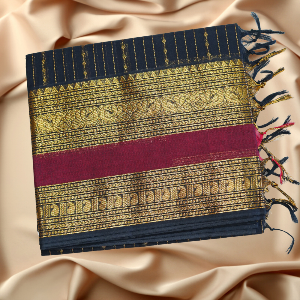 Chettinad Cotton Saree - Vaira Oosi Retta Petta Border Black with Gold