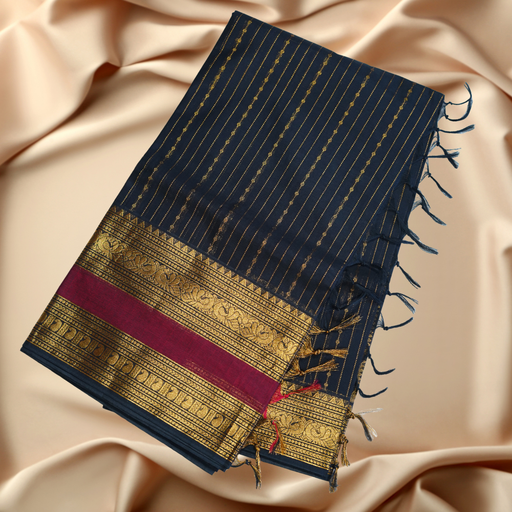 Chettinad Cotton Saree - Vaira Oosi Retta Petta Border Black with Gold