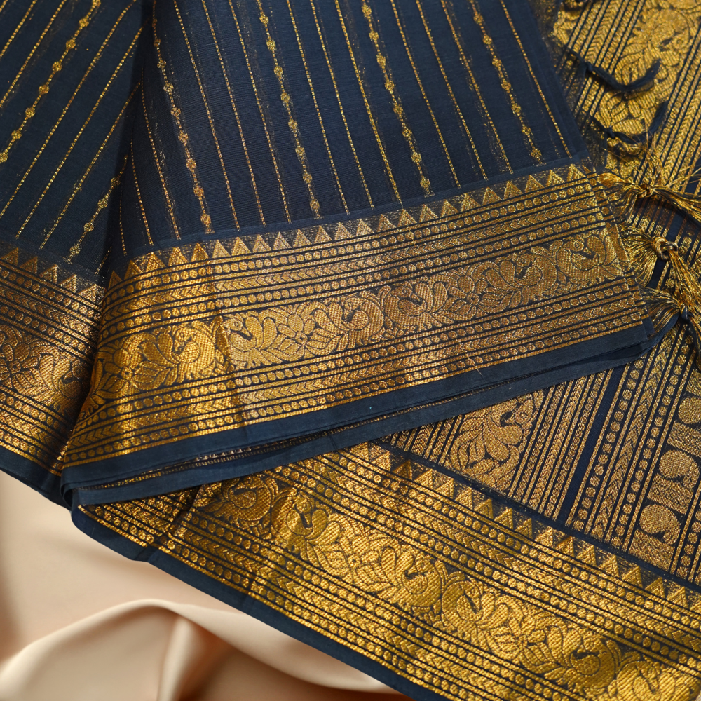 Chettinad Cotton Saree - Vaira Oosi Retta Petta Border Black with Gold