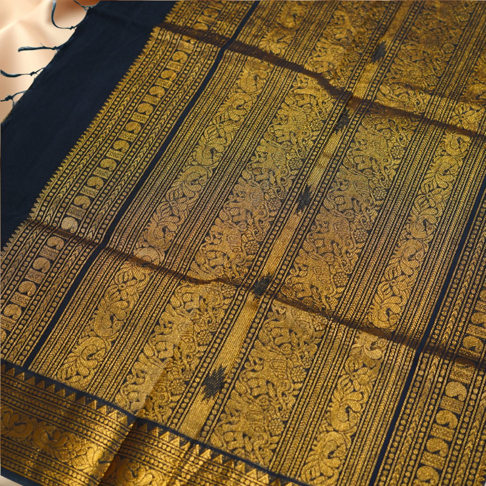 Chettinad Cotton Saree - Vaira Oosi Retta Petta Border Black with Gold