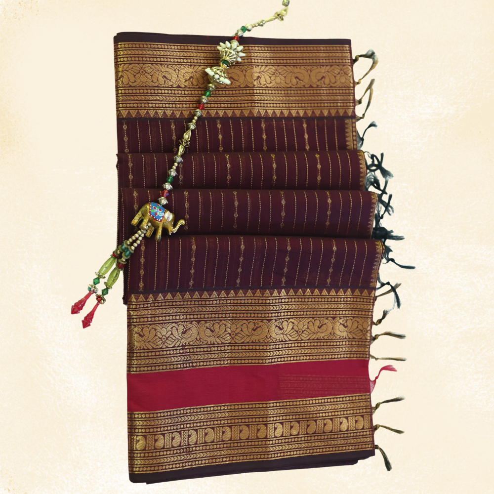 Chettinad Cotton Saree - Vaira Oosi Retta Petta Border - Burgundy with Gold