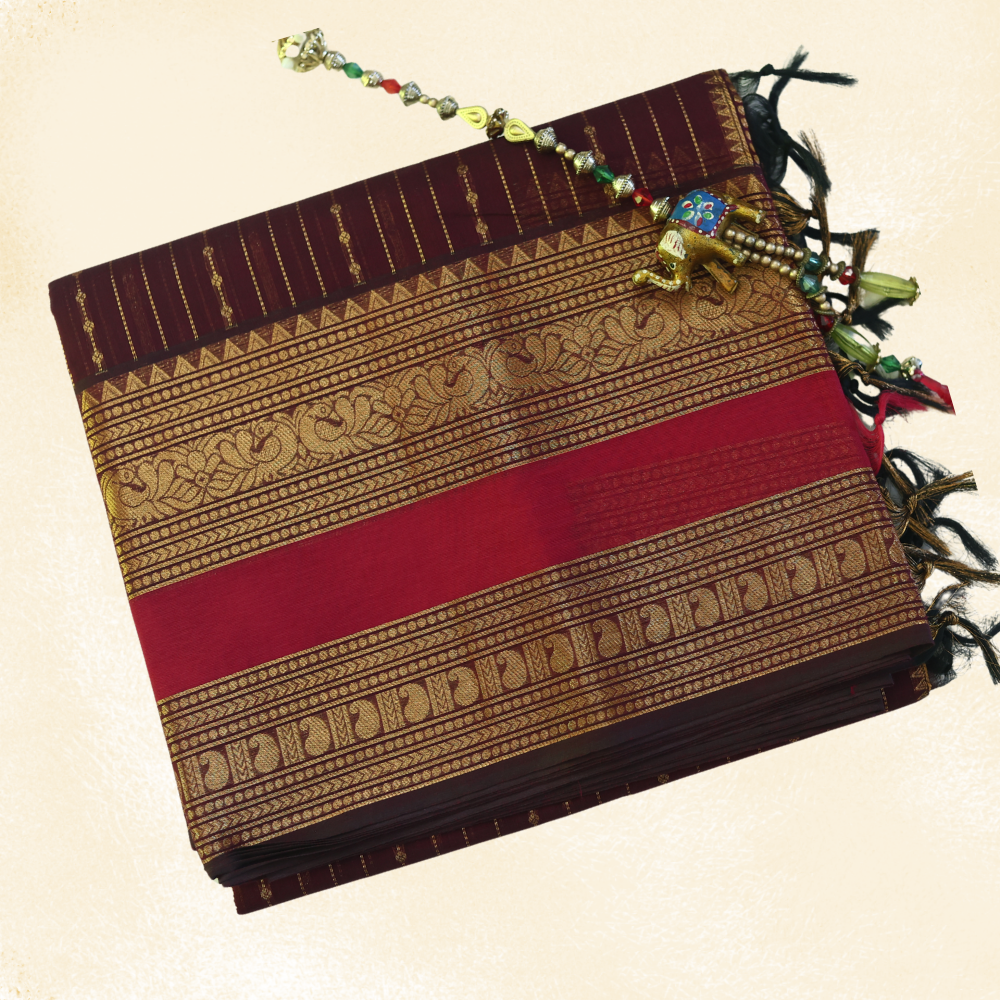 Chettinad Cotton Saree - Vaira Oosi Retta Petta Border - Burgundy with Gold