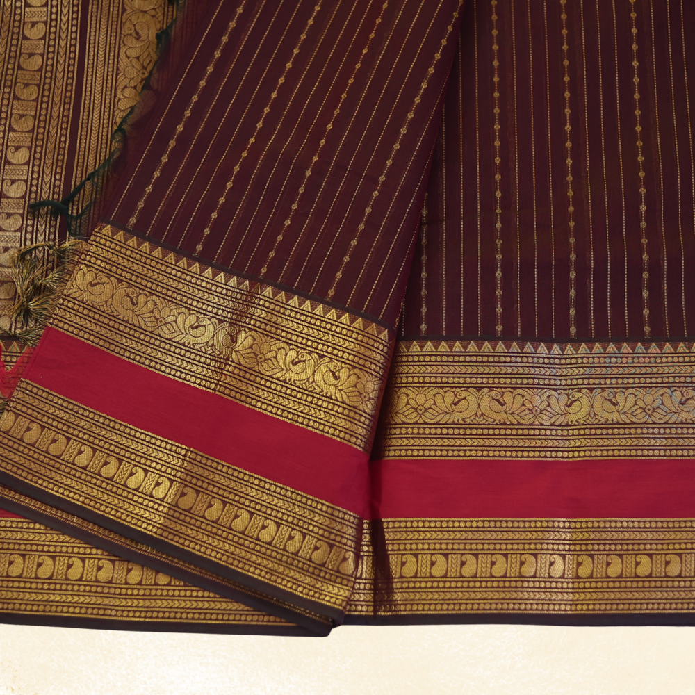 Chettinad Cotton Saree - Vaira Oosi Retta Petta Border - Burgundy with Gold
