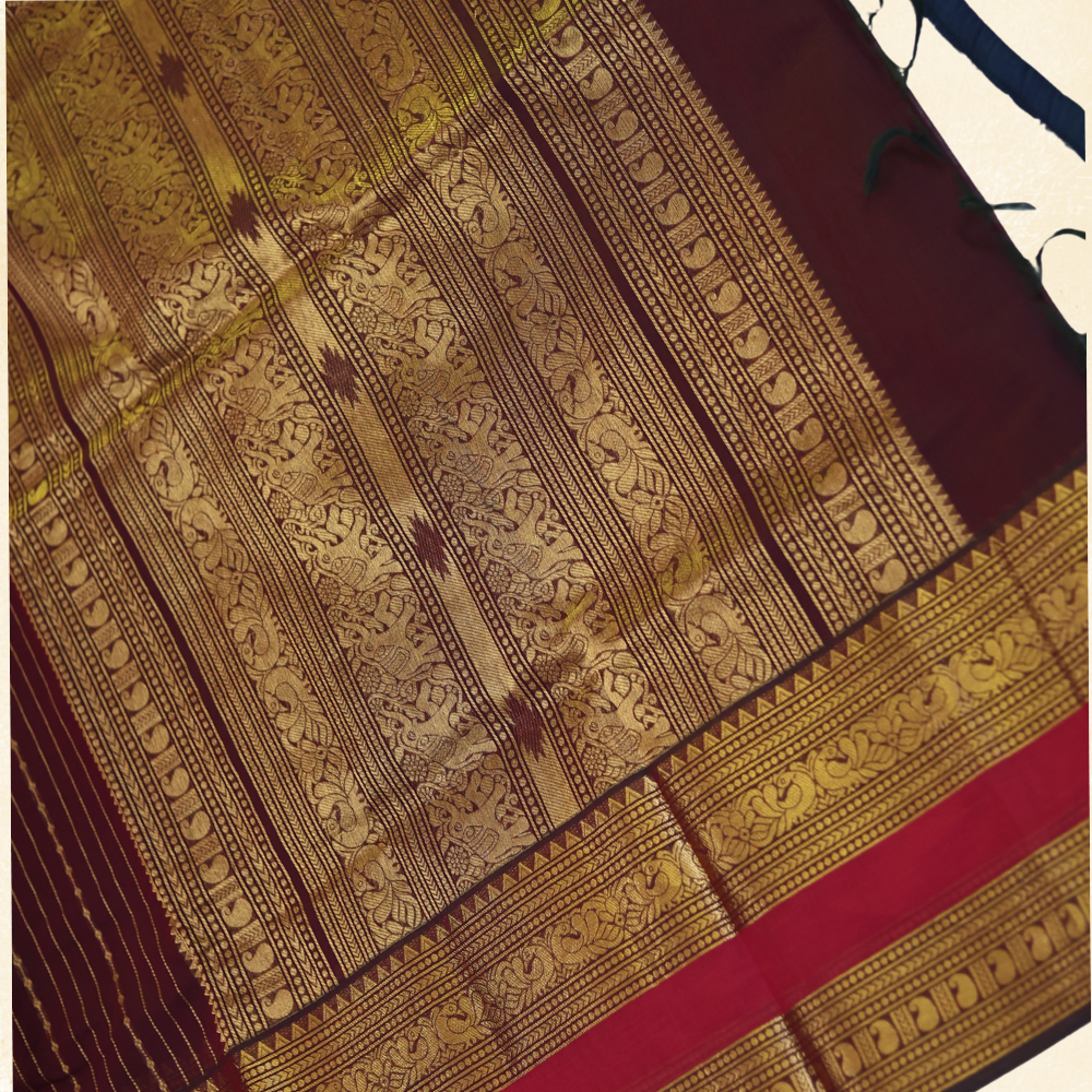 Chettinad Cotton Saree - Vaira Oosi Retta Petta Border - Burgundy with Gold