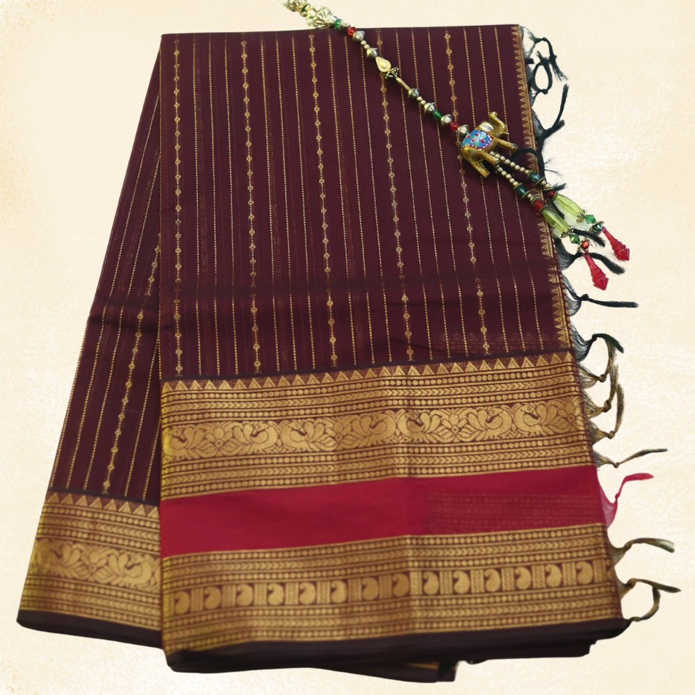 Chettinad Cotton Saree - Vaira Oosi Retta Petta Border - Burgundy with Gold