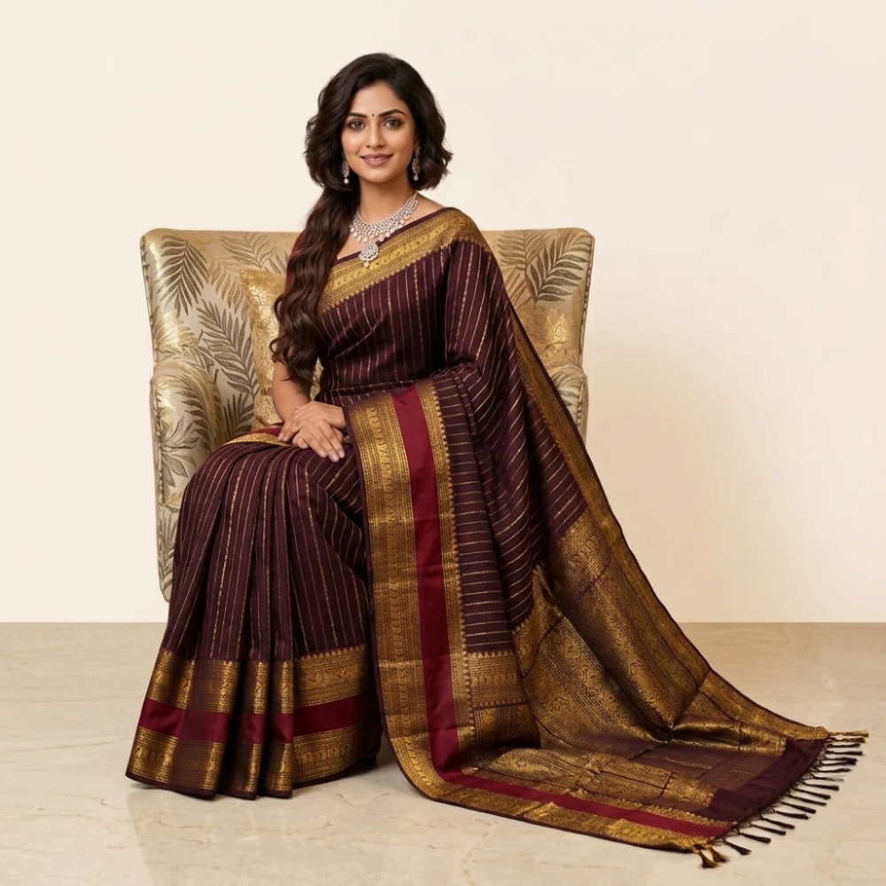 Chettinad Cotton Saree - Vaira Oosi Retta Petta Border - Burgundy with Gold