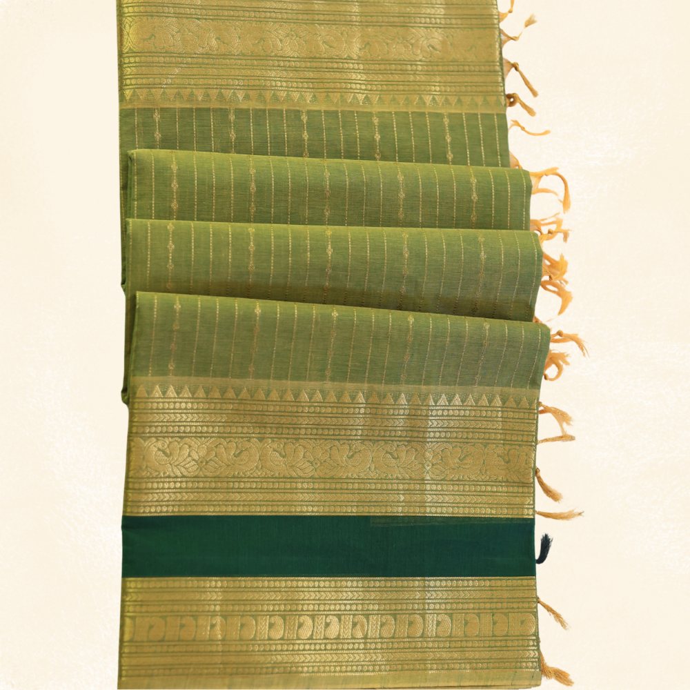 Chettinad Cotton Saree - Vaira Oosi Retta Petta Border - Olive Green with Gold
