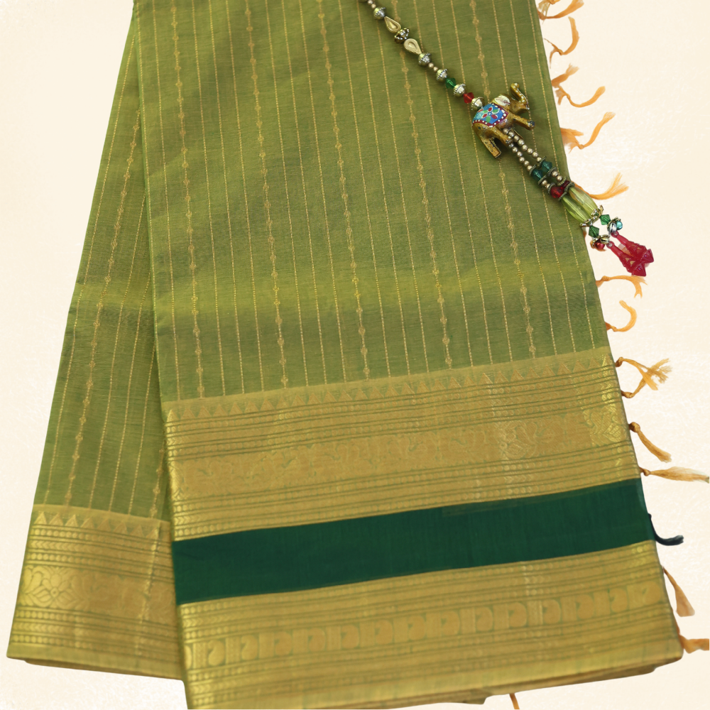 Chettinad Cotton Saree - Vaira Oosi Retta Petta Border - Olive Green with Gold