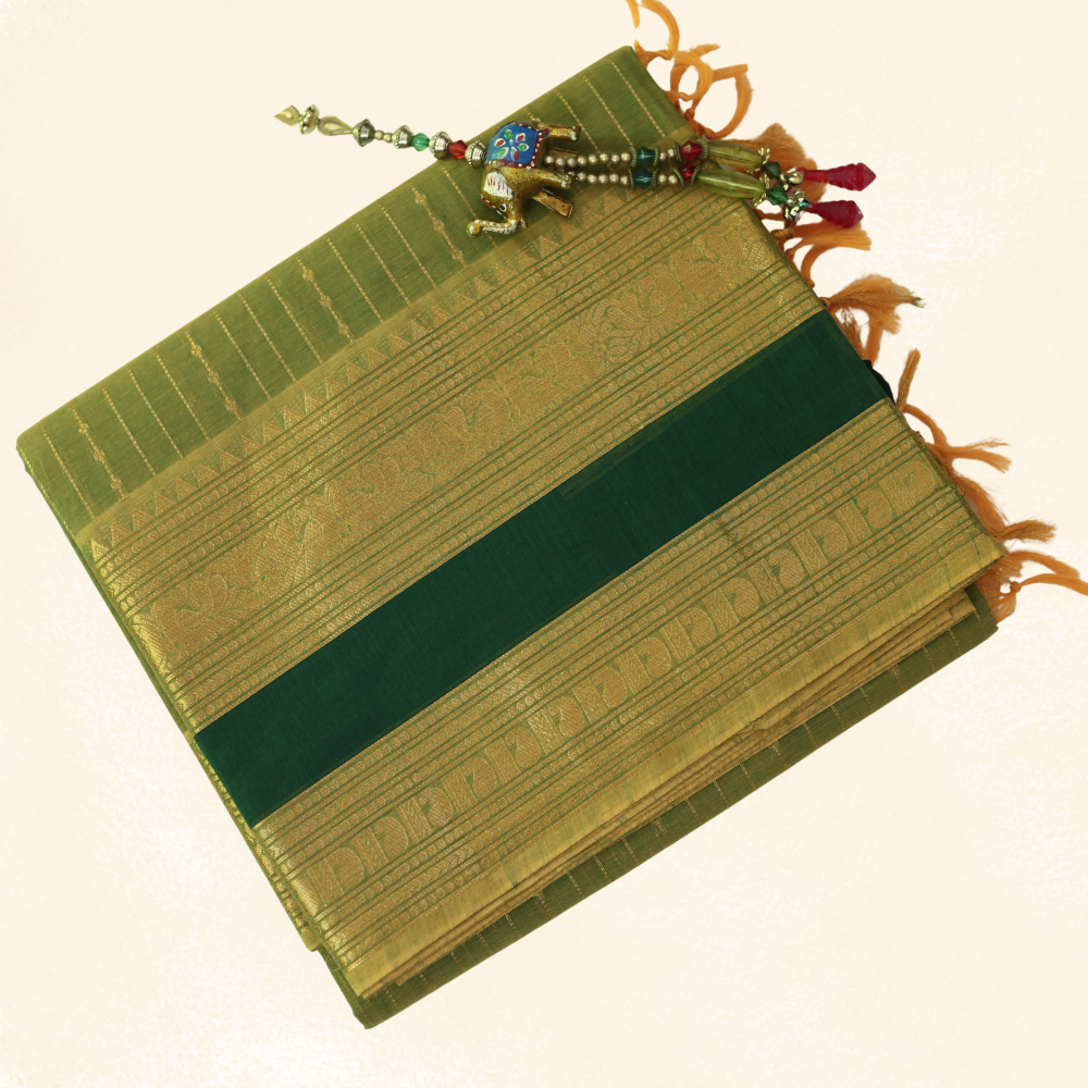 Chettinad Cotton Saree - Vaira Oosi Retta Petta Border - Olive Green with Gold