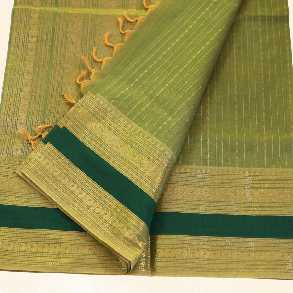 Chettinad Cotton Saree - Vaira Oosi Retta Petta Border - Olive Green with Gold