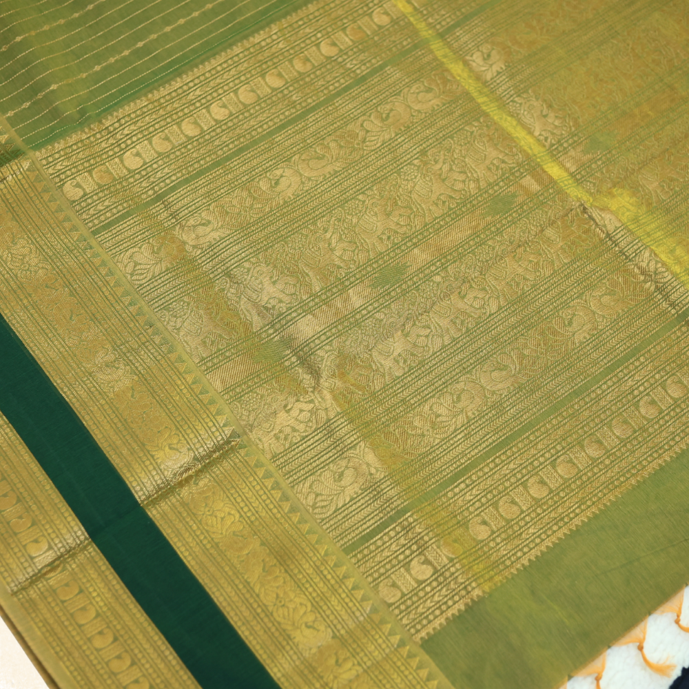 Chettinad Cotton Saree - Vaira Oosi Retta Petta Border - Olive Green with Gold