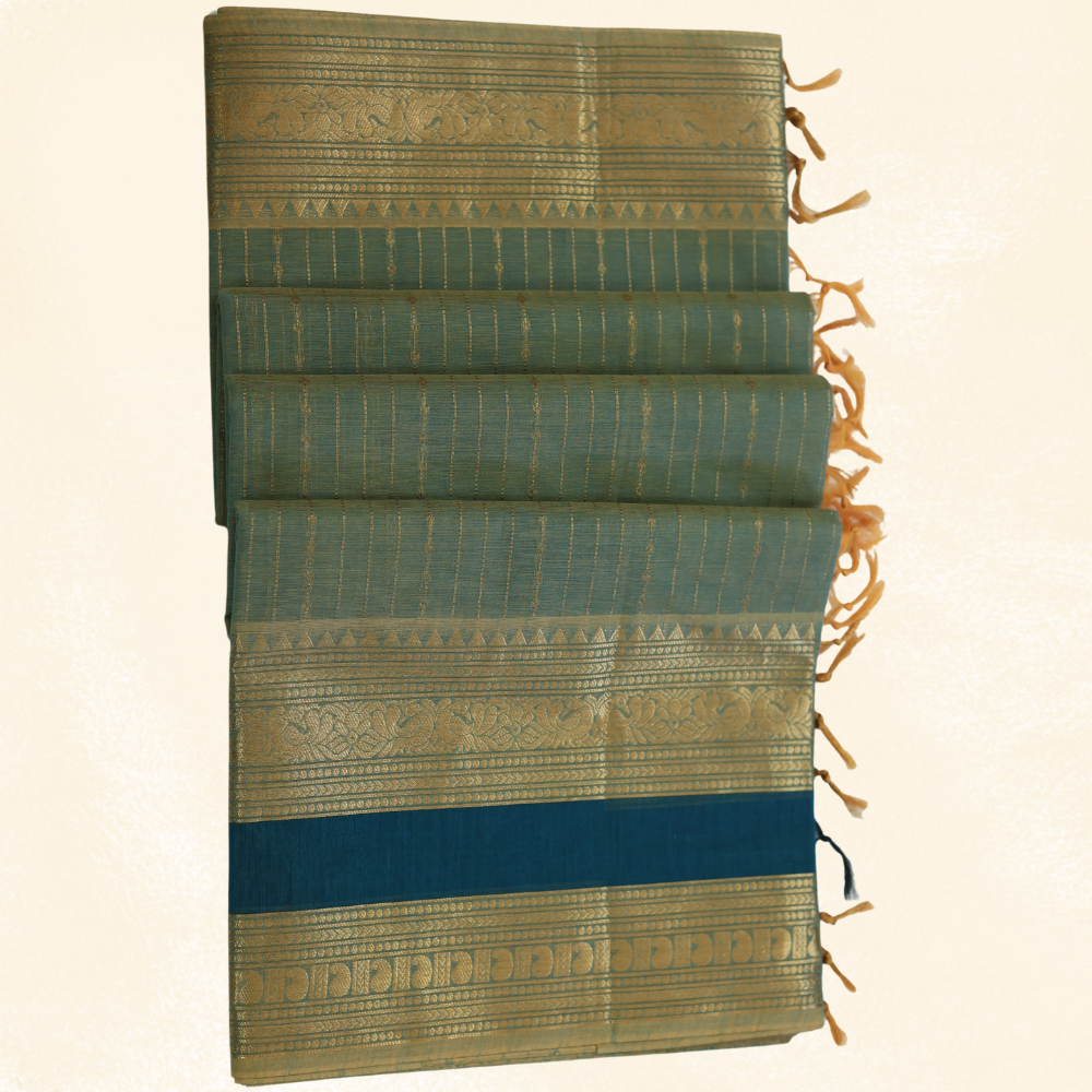 Chettinad Cotton Saree - Vaira Oosi Retta Petta Border - Sage Green with Gold