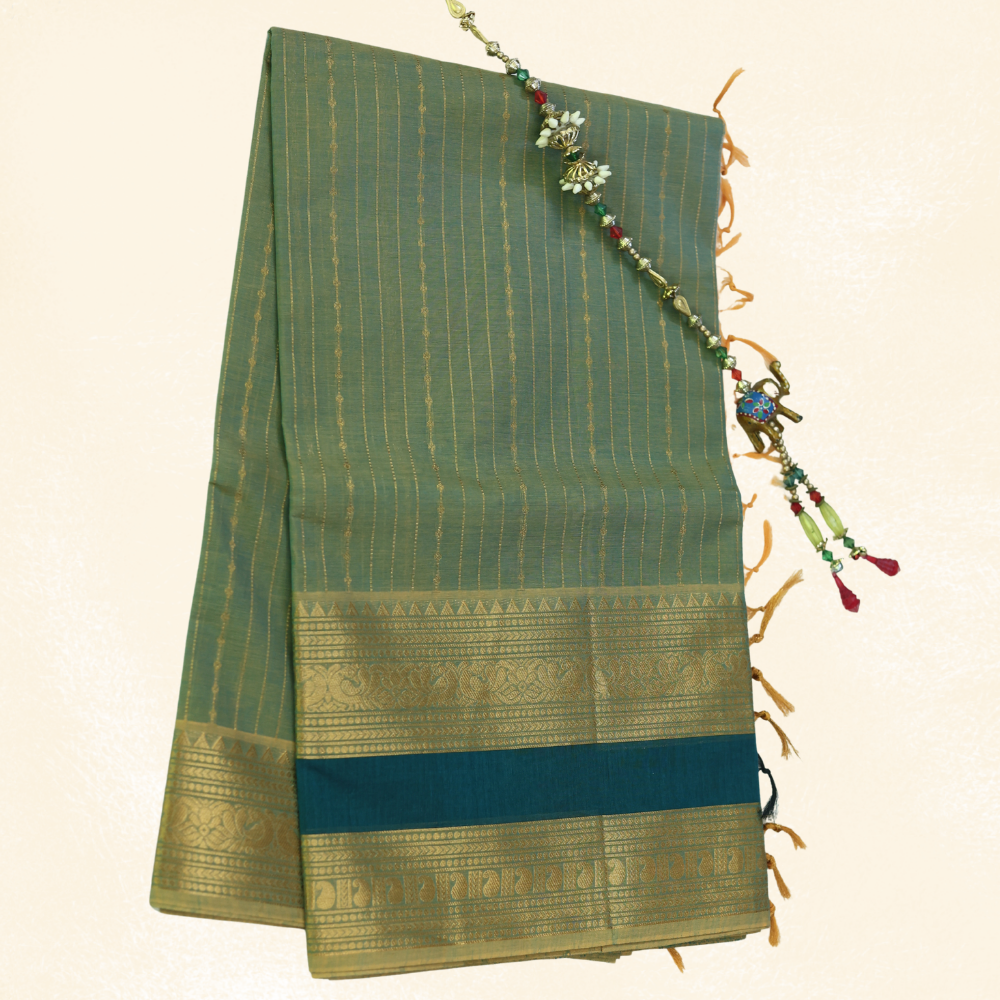 Chettinad Cotton Saree - Vaira Oosi Retta Petta Border - Sage Green with Gold