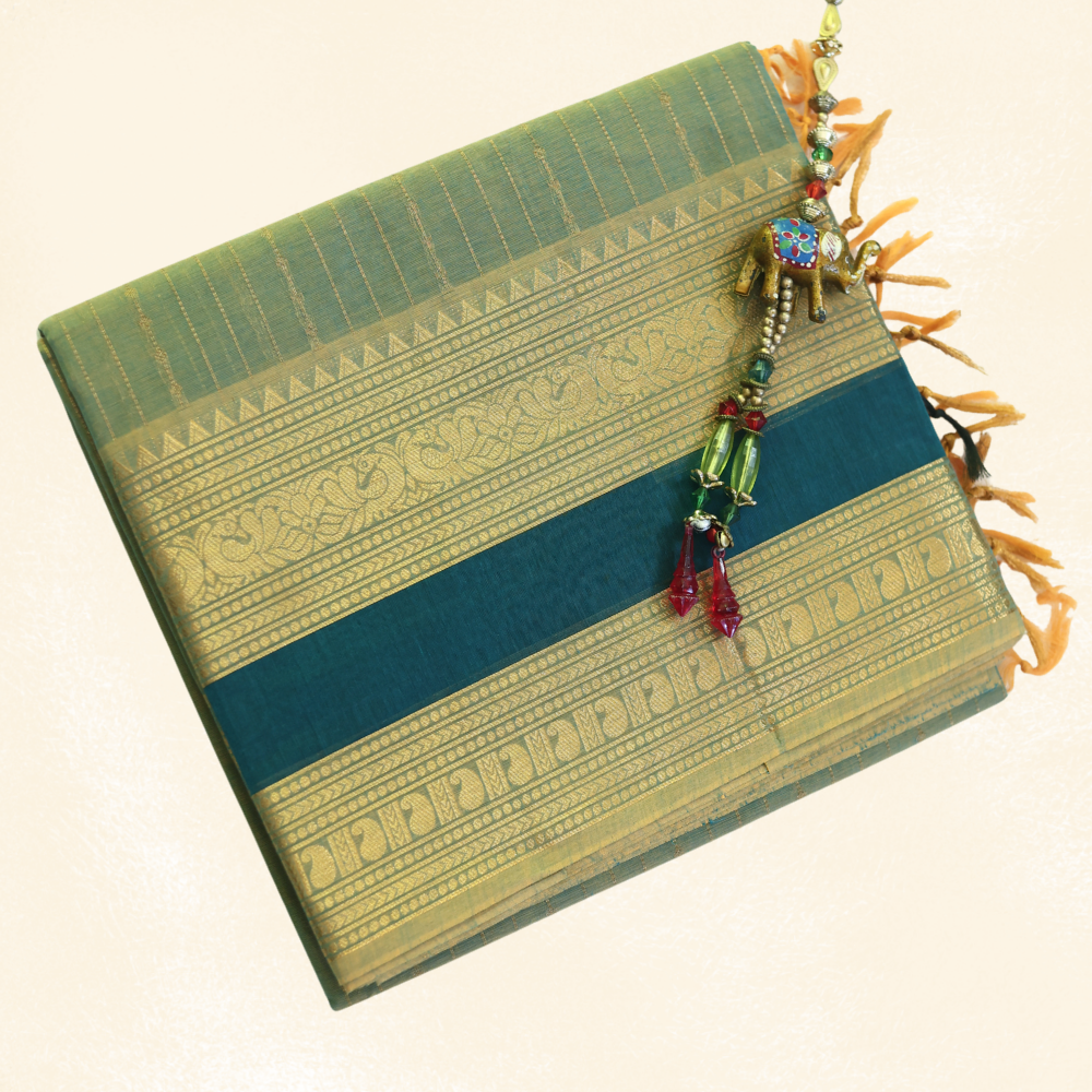 Chettinad Cotton Saree - Vaira Oosi Retta Petta Border - Sage Green with Gold