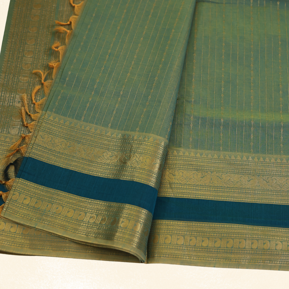 Chettinad Cotton Saree - Vaira Oosi Retta Petta Border - Sage Green with Gold