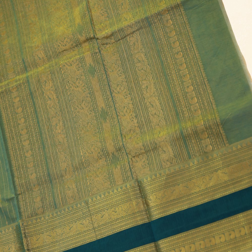 Chettinad Cotton Saree - Vaira Oosi Retta Petta Border - Sage Green with Gold
