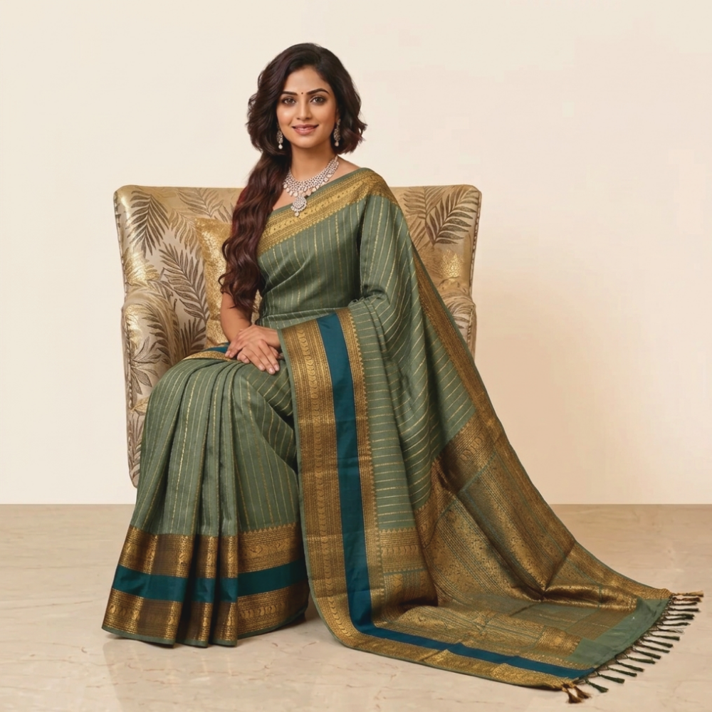 Chettinad Cotton Saree - Vaira Oosi Retta Petta Border - Sage Green with Gold