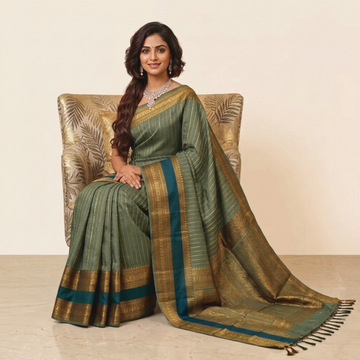 Chettinad Cotton Saree - Vaira Oosi Retta Petta Border - Sage Green with Gold