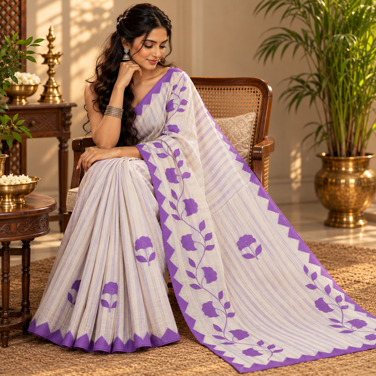 Applique Cotton Saree - Lavender Striped with Purple Floral