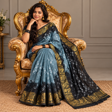 Art Silk Bandhani Saree - Dusty Blue & Charcoal Black with Antique Gold