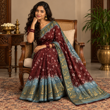 Art Silk Bandhani Saree - Wine Burgundy with Dusty Steel Blue & Antique Gold