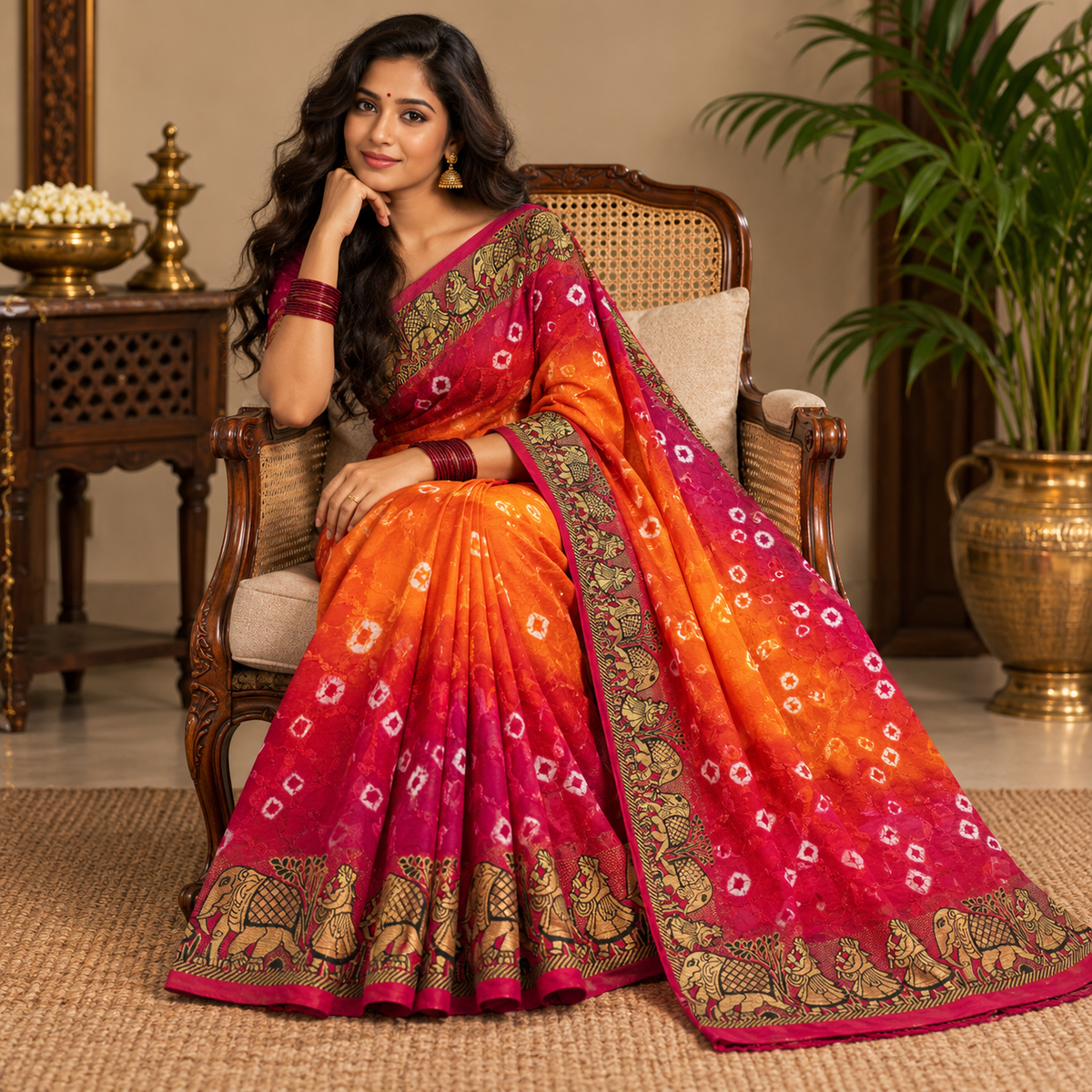 Art Silk Bandhani Saree - Orange & Rani Pink with Elephant & Dancer Border