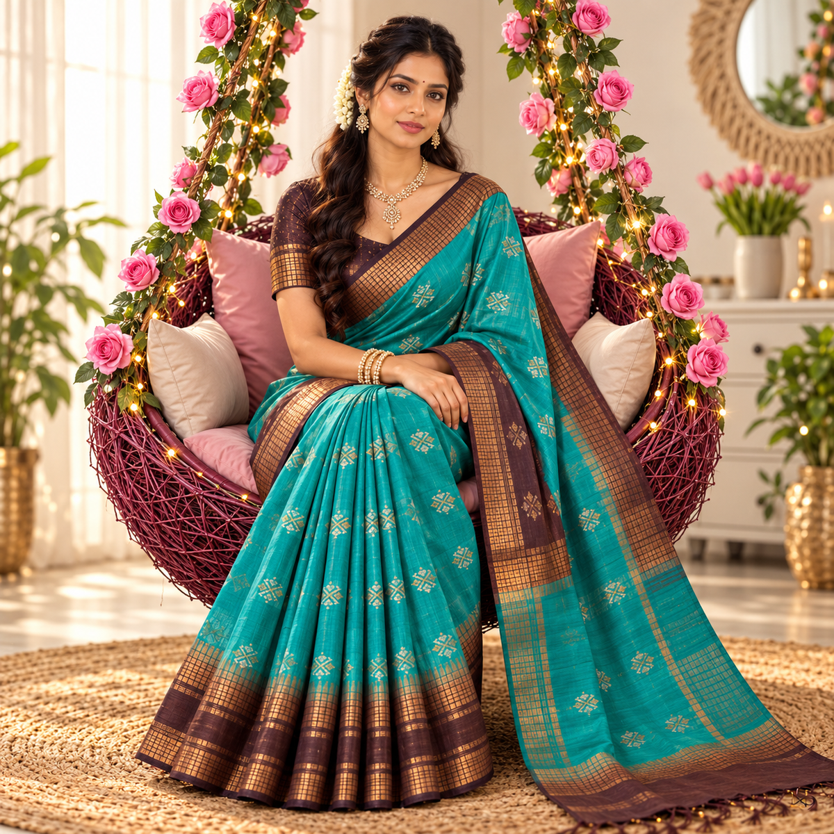 Soft Silk Saree - Emerald Green and Dark Chocolate with Golden Zari