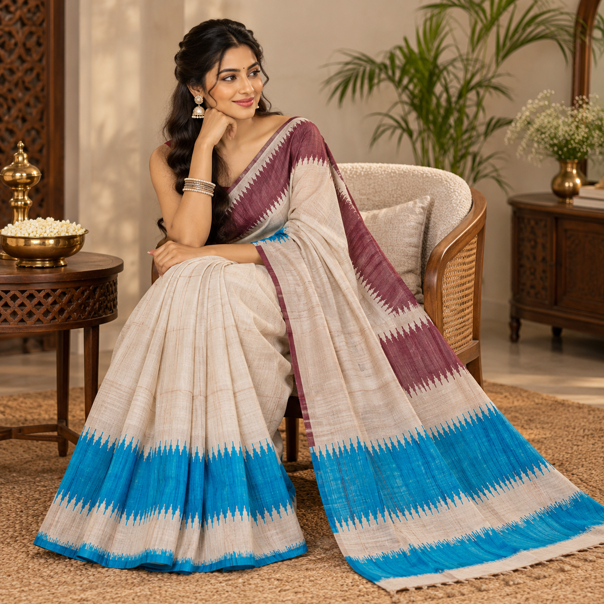 Tussar Silk - Ivory Saree with Turquoise Blue & Wine Ganga Jamuna Border