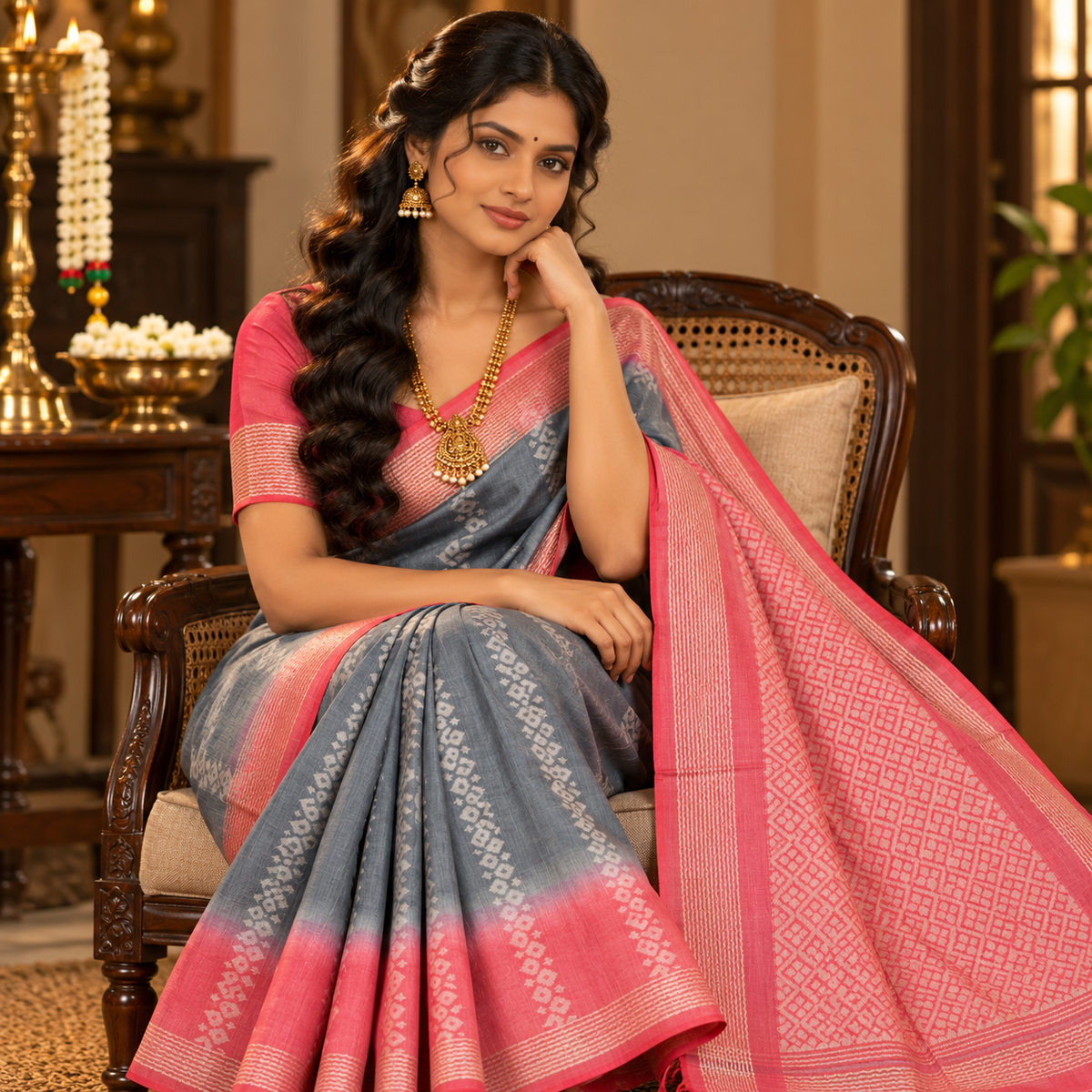Soft Silk Saree - Sage Grey with Blush Pink