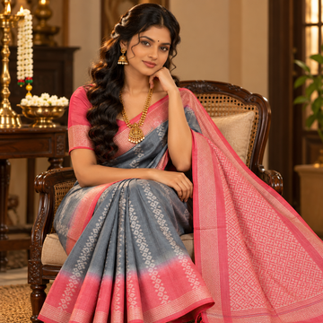 Soft Silk Saree - Sage Grey with Blush Pink
