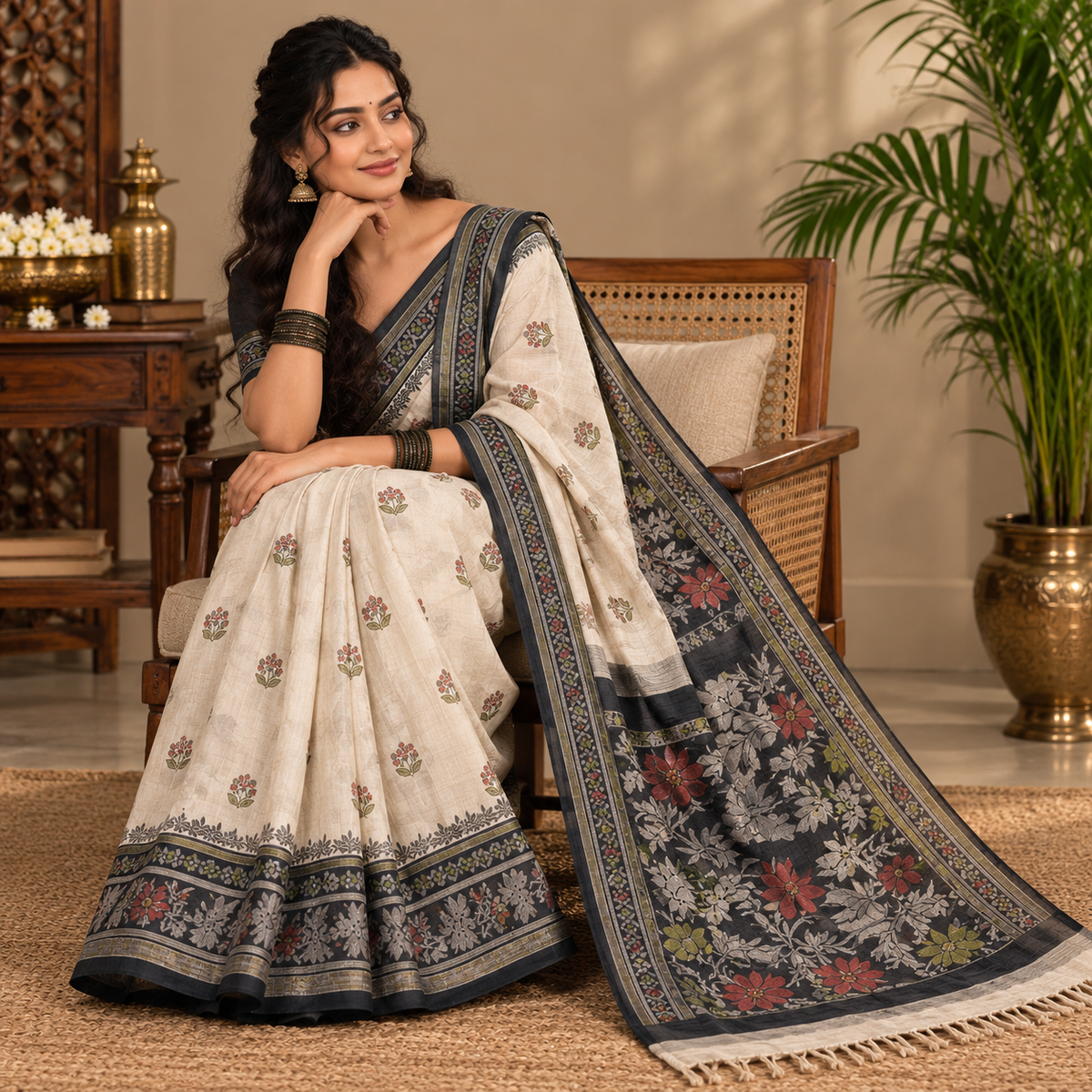 Handloom Soft Saree - Ivory with Multicolour Floral Border
