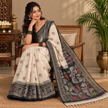 Handloom Soft Saree - Ivory with Multicolour Floral Border