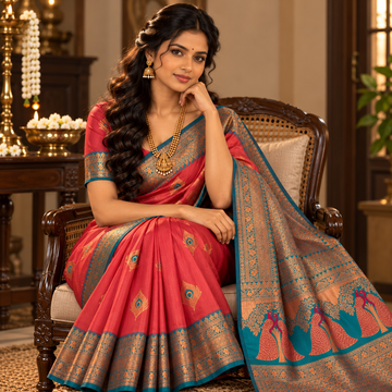 Kota Silk Saree - Rani Pink and Peacock Motifs with Antique Gold Zari