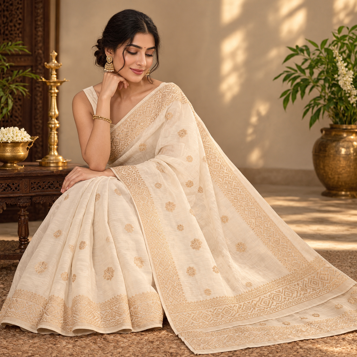 Kota Silk Saree - Ivory with Antique Gold Floral Zari