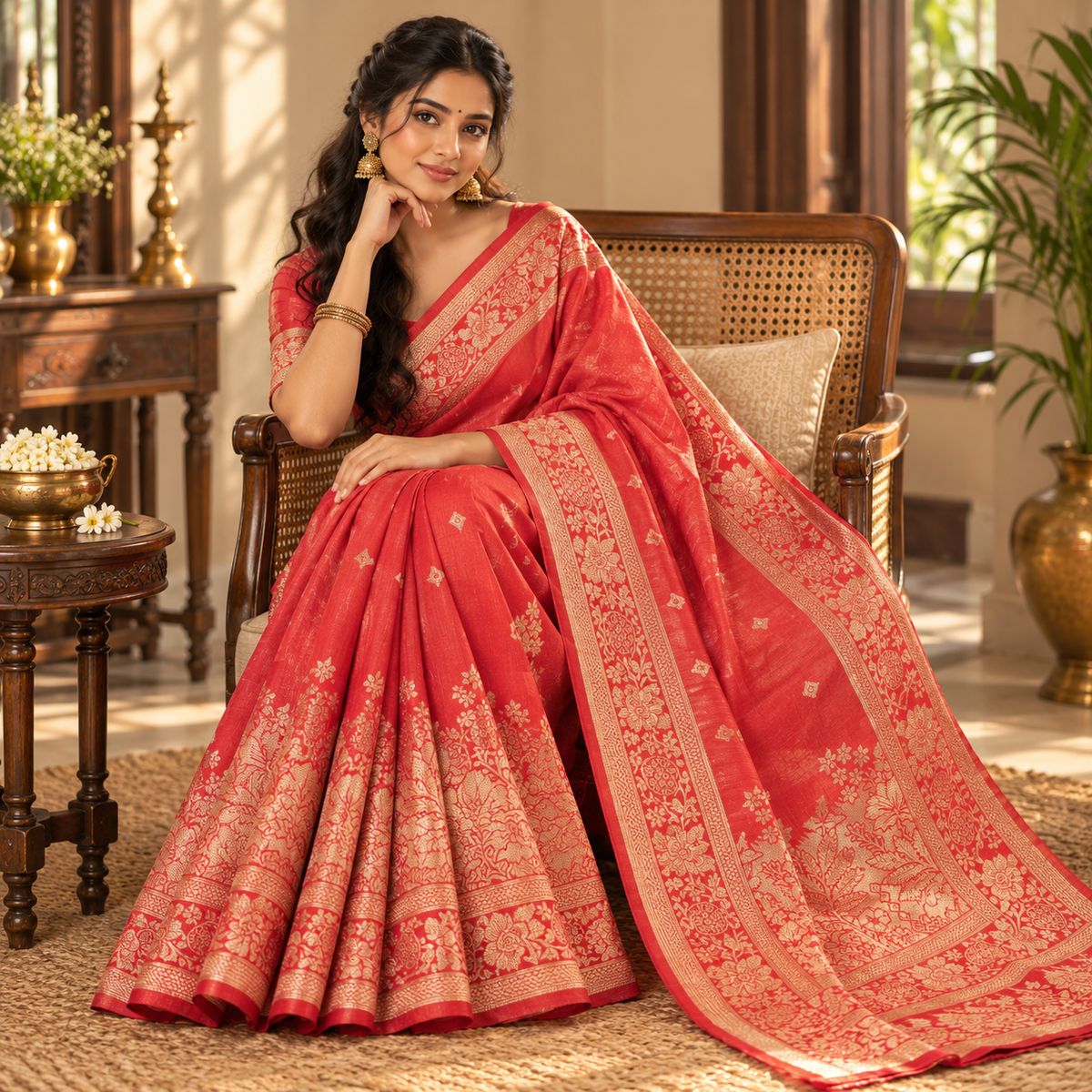 Kota Silk Saree - Dark Red with Antique Gold Floral Zari