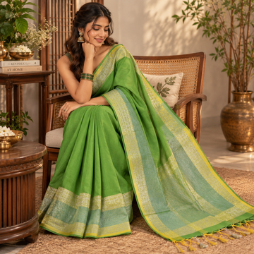 Handloom Silk Cotton Saree - Parrot Green with Silver Zari & Gold Border