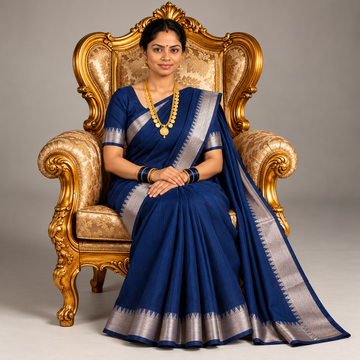 Mangalgiri Cotton Saree – Ink Blue with Golden Zari Temple border