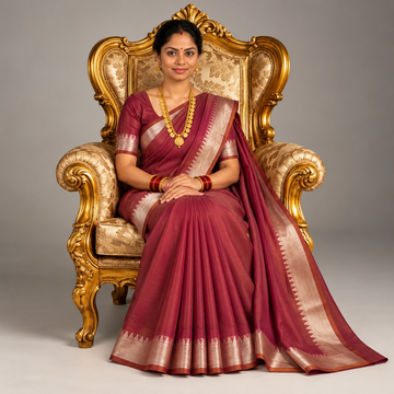 Mangalgiri Cotton Saree – Lite Magenta with Golden Zari Temple border