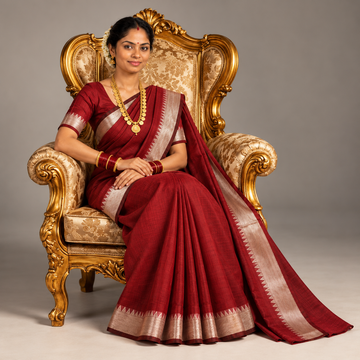 Mangalgiri Cotton Saree – Red with Golden Zari Temple border