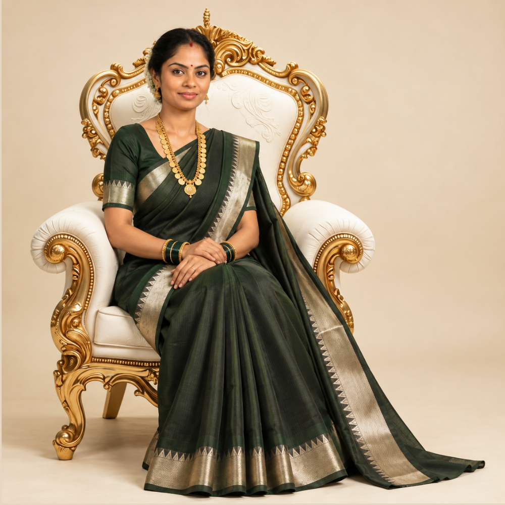 Mangalgiri Cotton Saree – Black with Golden Zari Temple border