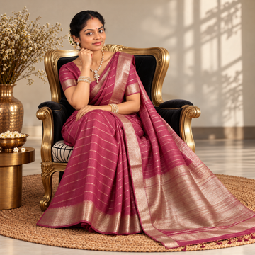 Soft Silk Saree - LIVA - Berry Rose with Antique Golden Zari