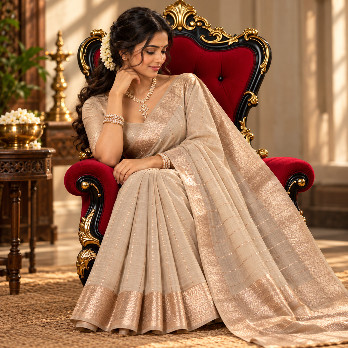 Soft Silk Saree - LIVA - Soft Beige with Champagne Gold Golden Zari