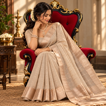 Soft Silk Saree - LIVA - Soft Beige with Champagne Gold Golden Zari