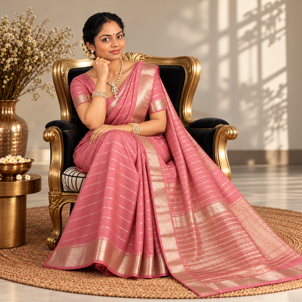 Soft Silk Saree - LIVA - Rose Gold with Antique Golden Zari