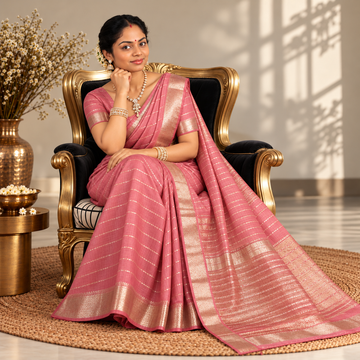 Soft Silk Saree - LIVA - Rose Gold with Antique Golden Zari