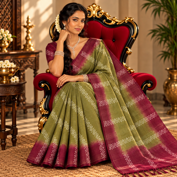 Soft Silk Saree - Olive Green with Deep Plum