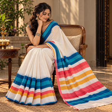 Linen Cotton Saree - Rainbow Stripes Multicolour Handloom-Inspired Drapе