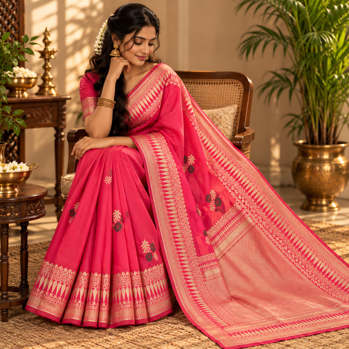 Designer Silk Saree - Rani Pink with Antique Gold Zari