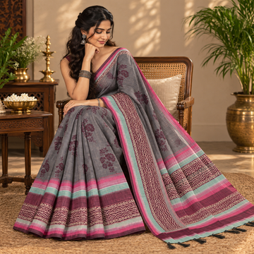 Tussar Silk - Slate Grey Saree with Contrast Border